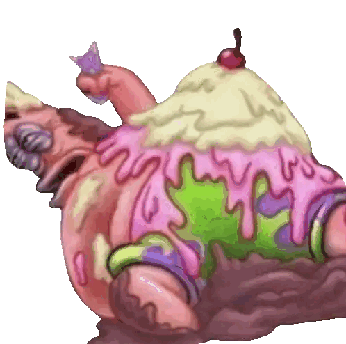 a cartoon drawing of patrick star with a cherry on top