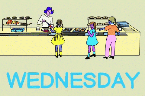 a cartoon drawing of people standing at a counter with the words wednesday in orange