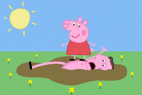 A Cartoon Drawing Of Peppa Pig Standing Next To A Pig Laying In The Mud GIF