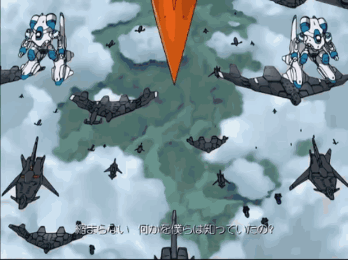 A Cartoon Drawing Of Planes And Robots With A Foreign Language Caption GIF