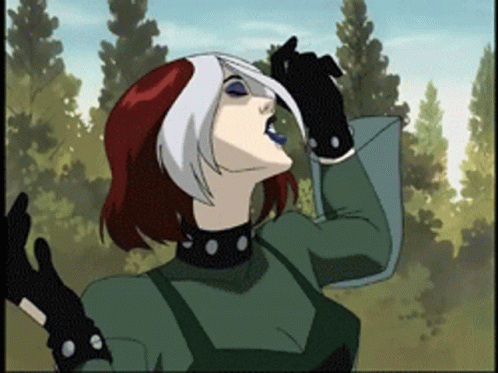 A Cartoon Drawing Of Rogue From X-Men Looking Up GIF