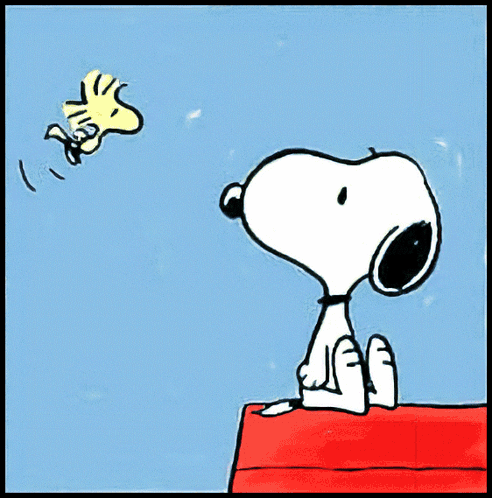 A Cartoon Drawing Of Snoopy And Woodstock With A Heart In A Balloon GIF