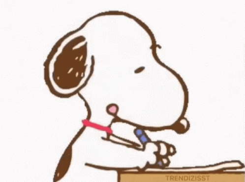 A Cartoon Drawing Of Snoopy Sitting At A Desk Writing On A Piece Of Paper GIF