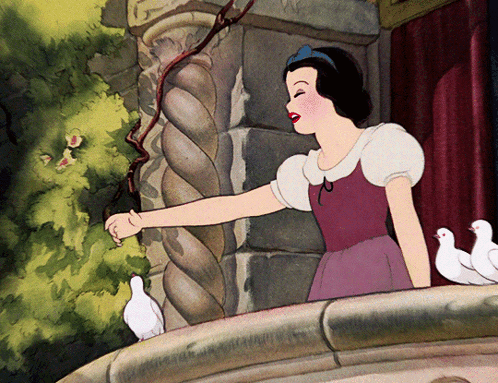 A Cartoon Drawing Of Snow White Standing On A Balcony With Birds GIF