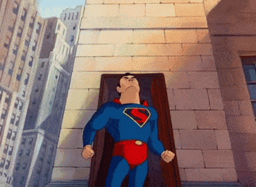 A Cartoon Drawing Of Superman Standing In Front Of A Building GIF