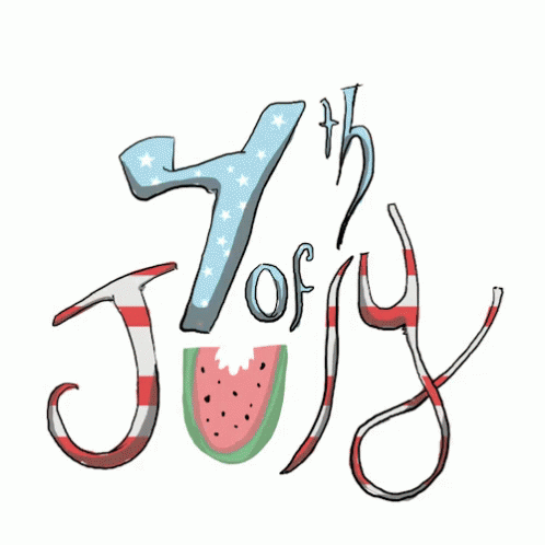 A Cartoon Drawing Of The 7Th Of July With Watermelon And Fireworks GIF