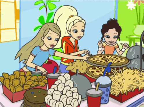 A Cartoon Drawing Of Three Girls Standing Around A Table With Food GIF