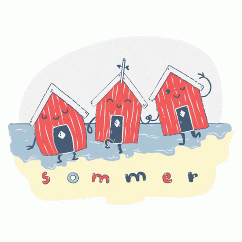 A Cartoon Drawing Of Three Red Houses On A Beach With The Word Sommer Written Below Them GIF