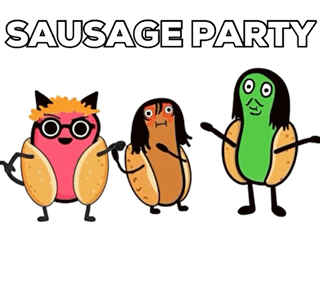 A Cartoon Drawing Of Three Sausages With The Words Sausage Party Above Them GIF