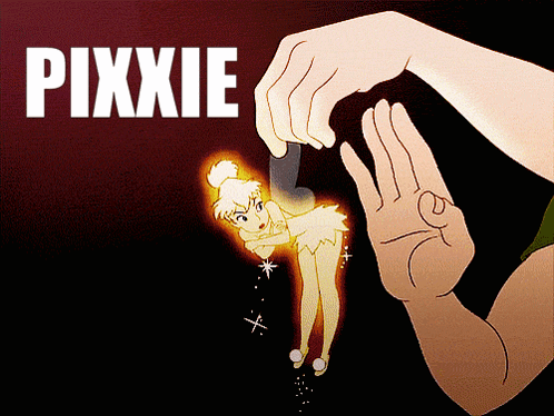 A Cartoon Drawing Of Tinkerbell With The Word Pixie Written Above Her GIF