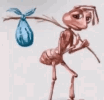 A Cartoon Drawing Of Two Ants Carrying A Blue Bag Hanging From A Tree Branch . GIF