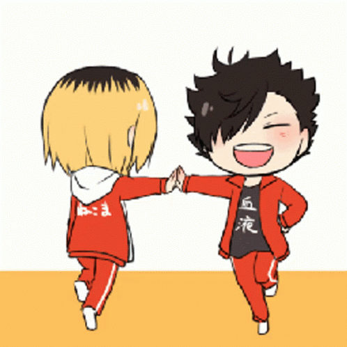 A Cartoon Drawing Of Two Boys Giving Each Other A High Five With One Wearing A Black Shirt With Chinese Writing On It GIF
