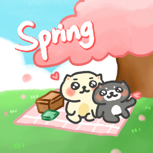 a cartoon drawing of two cats on a picnic blanket under a cherry blossom tree