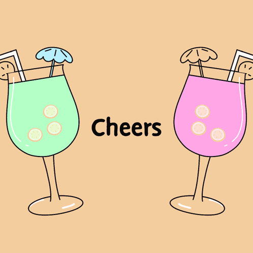A Cartoon Drawing Of Two Drinks With The Word Cheers Written On The Bottom GIF
