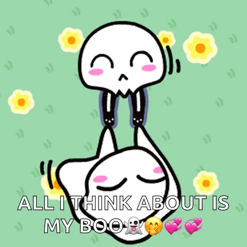 A Cartoon Drawing Of Two Ghosts Kissing With The Words All I Think About Is My Boo GIF