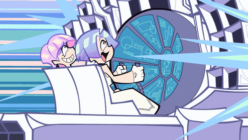 A Cartoon Drawing Of Two Girls Riding A Roller Coaster With A Wheel That Says " 000 " On It GIF