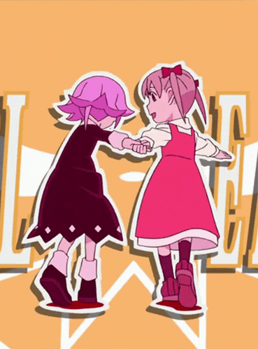 A Cartoon Drawing Of Two Little Girls Holding Hands With The Letter L In The Background GIF