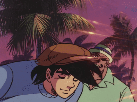 A Cartoon Drawing Of Two Men In Front Of Palm Trees GIF