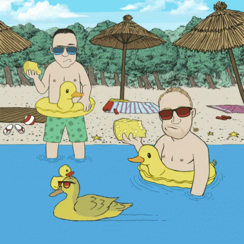 A Cartoon Drawing Of Two Men On A Beach With A Rubber Duck With The Number 335 On It GIF
