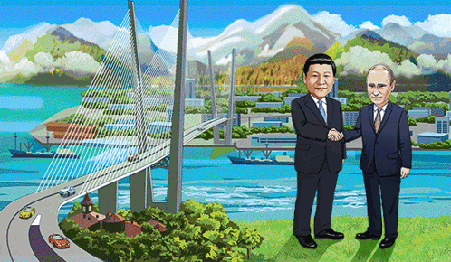 A Cartoon Drawing Of Two Men Shaking Hands With A Bridge In The Background GIF