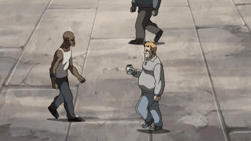 A Cartoon Drawing Of Two Men Standing Next To Each Other With One Holding A Cup GIF
