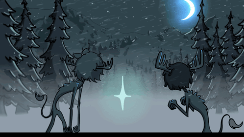 A Cartoon Drawing Of Two Moose Standing In The Snow GIF