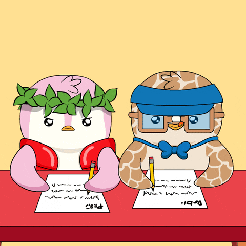 A Cartoon Drawing Of Two Penguins Sitting At A Table Writing On A Piece Of Paper With The Numbers 19 And 4 On It GIF