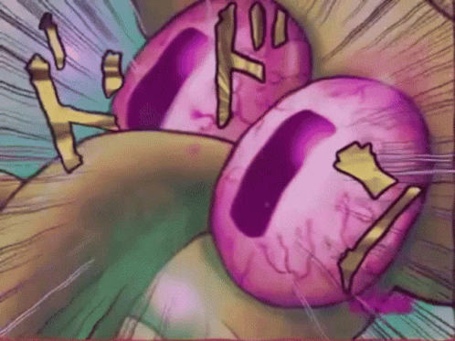 A Cartoon Drawing Of Two Pink Balls With Holes In Them And A Purple Background . GIF
