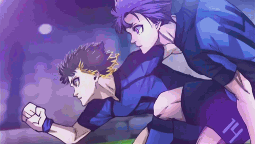 A Cartoon Drawing Of Two Soccer Players With The Number 14 On Their Shorts GIF