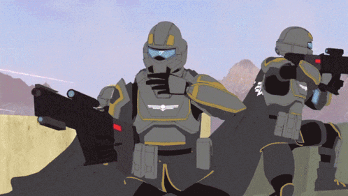 A Cartoon Drawing Of Two Soldiers Holding Guns With The Letters Fox On Their Sleeves GIF