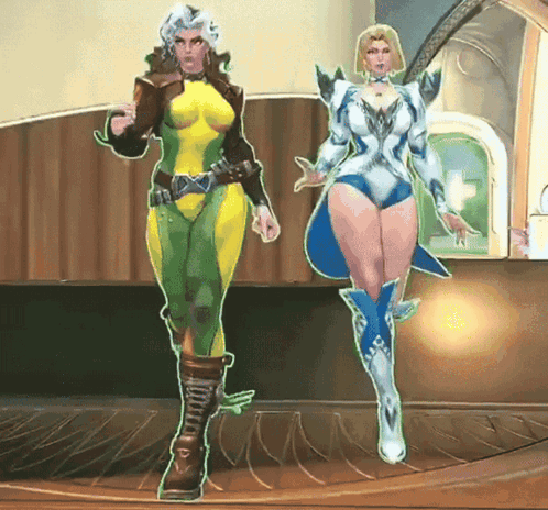 A Cartoon Drawing Of Two Women Standing Next To Each Other In A Room GIF