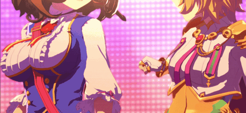 A Cartoon Drawing Of Two Women Standing Next To Each Other With A Pink Background GIF