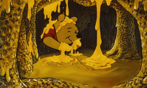 A Cartoon Drawing Of Winnie The Pooh In A Cave Covered In Honey GIF