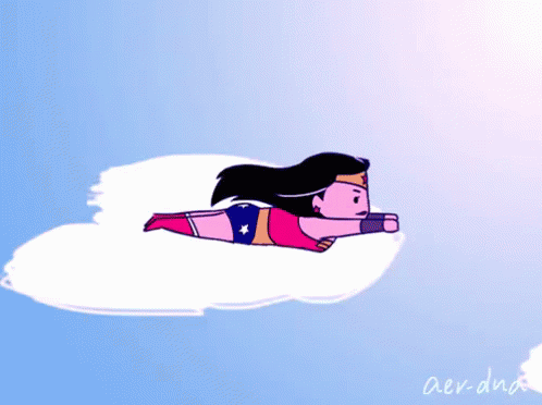 A Cartoon Drawing Of Wonder Woman Flying Through The Air GIF