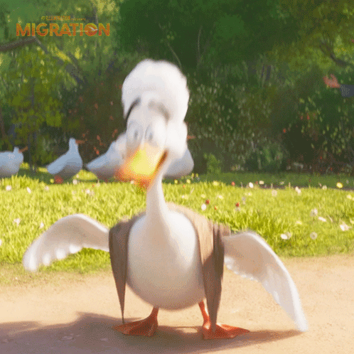 A Cartoon Duck From The Movie Migration Is Standing In The Grass With Its Wings Outstretched GIF