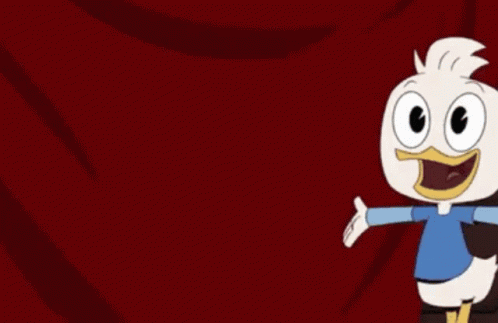 a cartoon duck in a blue shirt is standing in front of a red curtain .