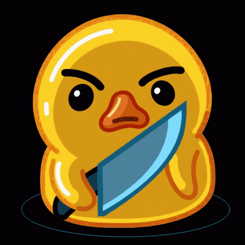 a cartoon duck is holding a knife in its beak