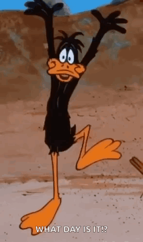 a cartoon duck is jumping in the air with his arms outstretched and the words what day is it .