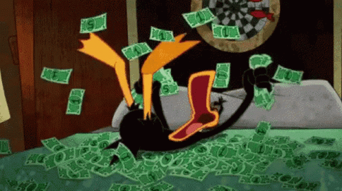 A Cartoon Duck Is Laying On A Bed With A Pile Of Money . GIF