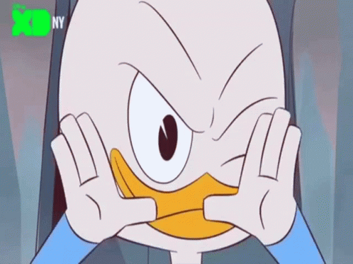 A Cartoon Duck Is Making A Face With His Hands . GIF