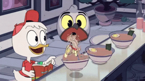 a cartoon duck is reading a book while eating noodles