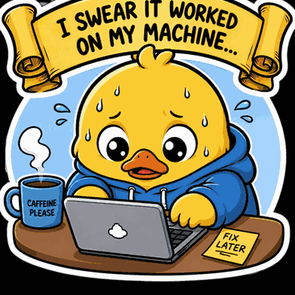 a cartoon duck is sitting at a desk with a laptop and a cup of coffee