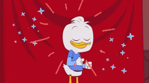 A Cartoon Duck Is Standing In Front Of A Red Curtain Surrounded By Stars . GIF