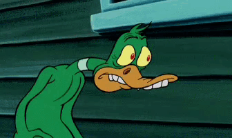 A Cartoon Duck Is Standing Next To A Window With A Surprised Look On His Face . GIF