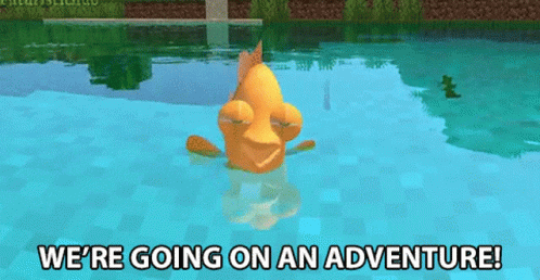 A Cartoon Duck Is Swimming In A Pool With The Words We 'Re Going On An Adventure GIF