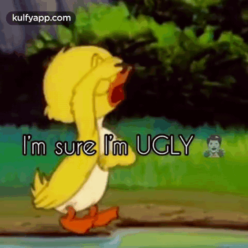 A Cartoon Duck Is Walking Down A Path And Says `` I 'M Sure I 'M Ugly '' GIF
