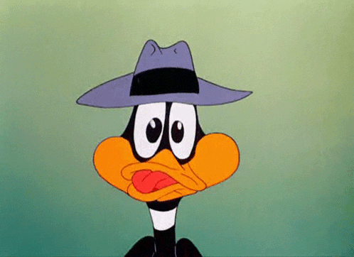 a cartoon duck is wearing a hat and making a face .