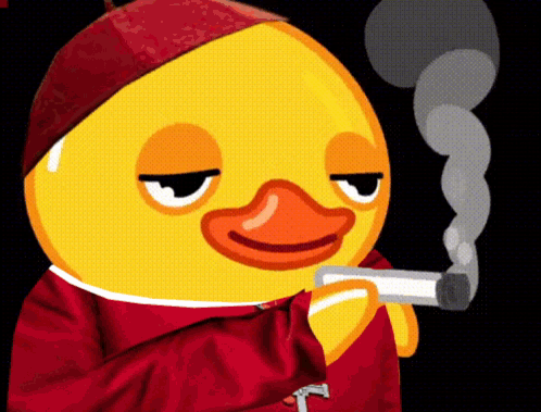 a cartoon duck smoking a cigarette and wearing a red jacket