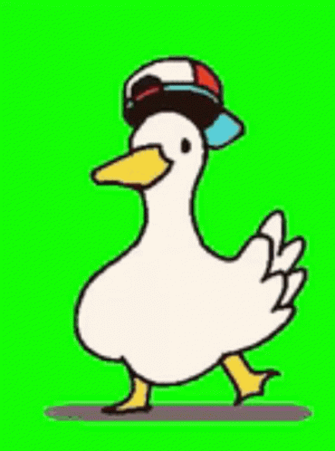 A Cartoon Duck Wearing A Baseball Cap Is Walking On A Green Background . GIF