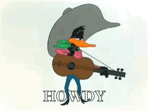A Cartoon Duck Wearing A Cowboy Hat Is Holding A Guitar And Singing Howdy GIF